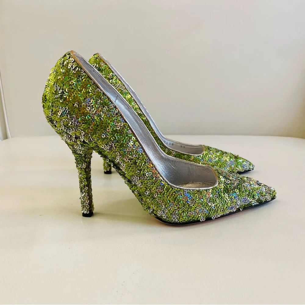 Dolce & Gabbana Green Sequins Embellishments Pointed Toe Pumps SZ 7/37 - Picture 4 of 9